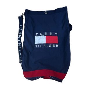 Vintage TOMMY HILFIGER Spell Out Strap Flag Patch Backpack Knapsack Laundry Tote